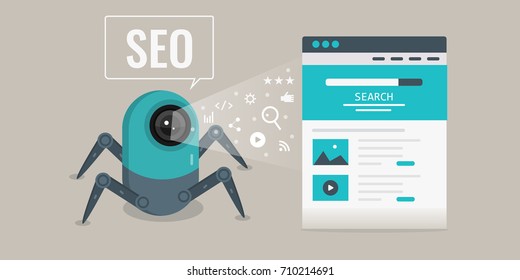 Modern concept SEO. Search engine optimization, Search bots flat vector banner illustration with icons isolated on light background