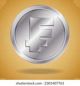 Modern concept with a Swiss coin. Silver swiss franc with shadow on golden background.