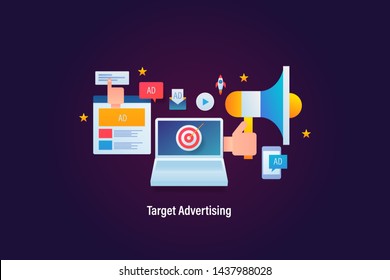 Modern concept of Target advertising, Marketing objective, Business goal, - vector illustration with marketing icons