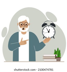 Modern Concept Of Time Management Illustration. A Screaming Grandfather Holds An Alarm Clock In His Hand And The Second Points To It. Vector Flat Illustration