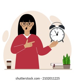 Modern concept of time management illustration. A screaming woman holds an alarm clock in his hand and the second points to it.