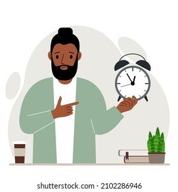 Modern concept of time management illustration. A sad man holds an alarm clock in his hand and the second points to it.