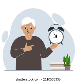 Modern Concept Of Time Management Illustration. A Sad Grandfather Holds An Alarm Clock In His Hand And The Second Points To It. Vector Flat Illustration