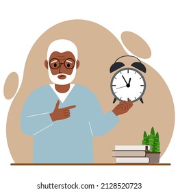 Modern Concept Of Time Management Illustration. A Sad Grandfather Holds An Alarm Clock In His Hand And The Second Points To It. Vector Flat Illustration