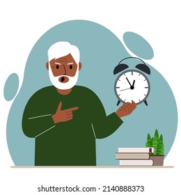 Modern Concept Of Time Management Illustration. A Screaming Grandfather Holds An Alarm Clock In His Hand And The Second Points To It. Vector Flat Illustration