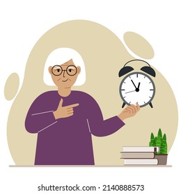 Modern concept of time management illustration. A smiling grandmother holds an alarm clock in his hand and the second points to it. Vector flat illustration