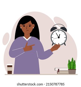 Modern concept of time management illustration. A sad woman holds an alarm clock in his hand and the second points to it. Vector flat illustration