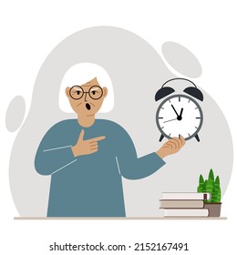Concepto moderno de ilustración de la gestión del tiempo. Una mujer gritando sostiene un reloj despertador en su mano y el segundo lo señala.