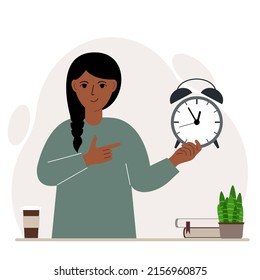 Modern concept of time management illustration. A smiling woman holds an alarm clock in his hand and the second points to it. Vector flat illustration