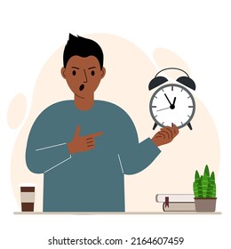 Modern concept of time management illustration. A screaming man holds an alarm clock in his hand and the second points to it. Vector flat illustration