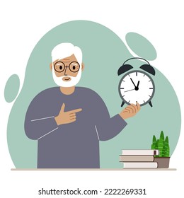 Modern Concept Of Time Management Illustration. A Smiling Grandfather Holds An Alarm Clock In His Hand And The Second Points To It. Vector Flat Illustration