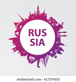 Modern concept Travel to Russia. Russia famous places. Landmarks of Moscow, Saint petersburg, Ufa, Vladivostok, Kaliningrad, Ekaterinburg and Samara. Vector russia travel logo. Round composition