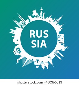 Modern concept Travel to Russia. Russia famous places. Landmarks of Moscow, Saint petersburg, Ufa, Vladivostok, Kaliningrad, Ekaterinburg and Kazan. Vector russia travel logo. Round composition