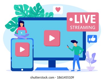 Modern concept vector illustration, character people watching live streaming video. Illustrations for websites, landing pages, mobile apps, posters and banners.
