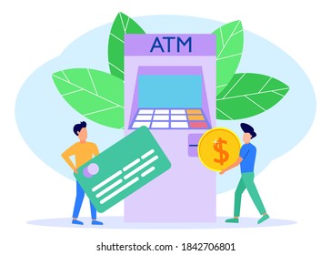 Modern concept vector illustration. Entrepreneurs with formal suits make money withdrawals at ATMs, manage investments in cards. Cash withdrawal from ATMs