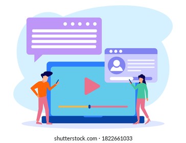 Ilustración vectorial concepto moderno, estilo plano, análisis de medios sociales, mensaje, medios sociales, chat, noticias, burbujas de discursos de diálogo. Los hombres de negocios comprueban la entrada a través del digital.