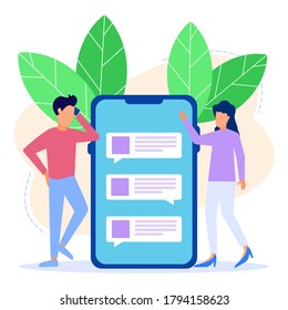 Modern concept vector illustration, young man and woman with cell phone processing messages, communication via Internet, social media, chat, video, news, website, find friends, mobile web graphics. 