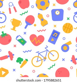 The modern concept of a vector pattern on the topic of a healthy lifestyle. Cardio, healthy eating, sports, sports equipment and entertainment. Illustration. Motivation to lead a sporty lifestyle.