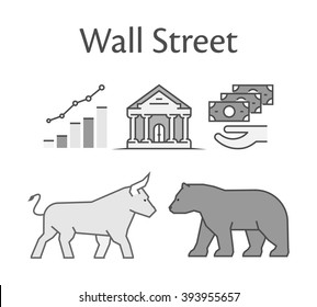 Modern Concept Of Wall Street. Vector Symbol Bull And Bear Icon. Black Logo For Online Trading.