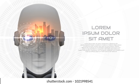 Modern concept web banner with robot cybernetic organism. Vector illustration with city landscape. Techno background with cyborg head and virtual HUD interface with augmented reality.