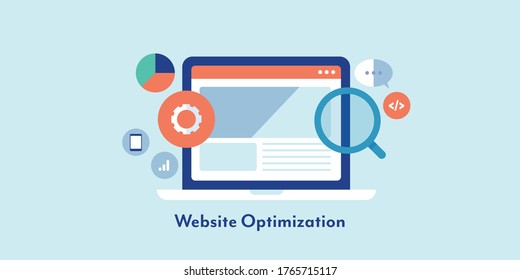 Modern concept of Website optimization, SEO optimization, website management - conceptual flat design vector illustration with icons