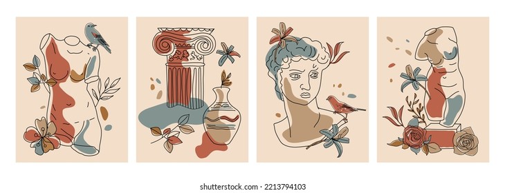 Modern conceptual art autumn colorful cards with ancient statue with flowers isolated on light colored background. Collage of contemporary art. Fashion design.