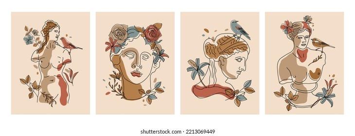 Modern conceptual art colorful cards with ancient statue with flowers isolated on light colored background. Collage of contemporary art. Fashion design.