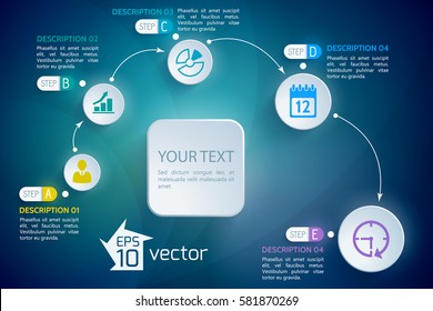 Modern conceptual background with five steps flowchart each with appropriate pictogram and editable text captions vector illustration