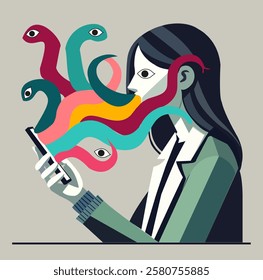 A modern conceptual illustration depicting a person absorbed by their smartphone, with colorful, snake-like tentacles emerging from their mouth, symbolizing the dangers of social media