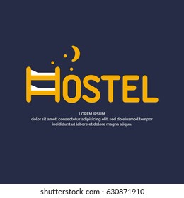 Modern conceptual vector logo of the Hostel. Illustration in a minimalist cartoon style on a dark background with a bunk bed moon and stars