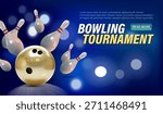 Modern conceptual website design for a bowling tournament with a bowling ball hitting flying pins, a headline and Learn More call to action. Vibrant, dynamic and perfect for sports websites.