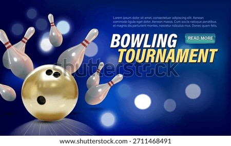 Modern conceptual website design for a bowling tournament with a bowling ball hitting flying pins, a headline and Learn More call to action. Vibrant, dynamic and perfect for sports websites.