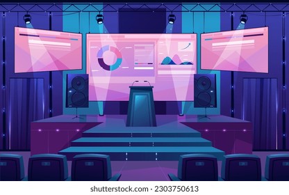 Modern concert stage with screen illuminated by spotlights, flat cartoon. Vector podium stage with truss, music and light equipment. Empty scene for rock festival, show, performance or presentation