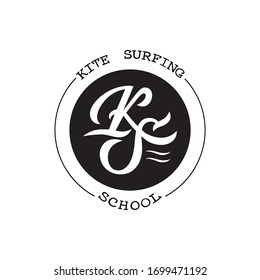 Modern concise logo template for kite surfing schools. Vector illustration with handmade white letters on a black circle. Perfect for your project.