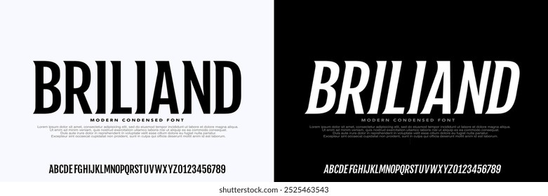 Moderne, kompakte Schriftart. Fett Kursiv, stark Starker Typ.
Großbuchstabe Typografie urbanen Stil Alphabet Schriftarten für Mode, Sport, Technologie, digital, Film, Logo-Design, Vektorgrafik