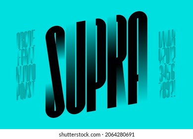 Modern condensed font with gradient elements, alphabet and numbers vector illustration