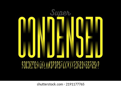 Modern condensed font with gradient elements, alphabet and numbers vector illustration