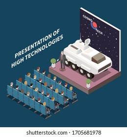 Modern conference hall high technologies presentation isometric composition with  autonomous mars exploration rover on podium vector illustration 