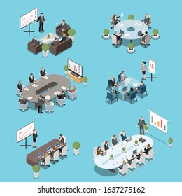 Modern Conference Meeting Room Elements Isometric Set With Boardroom Tables Participants White Board Presentations Isolated Vector Illustration 