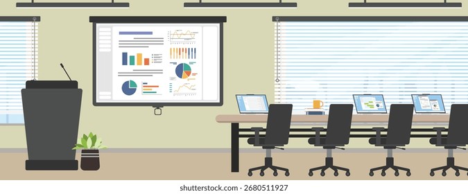 Modern conference room with empty working desk and podium for speaker.