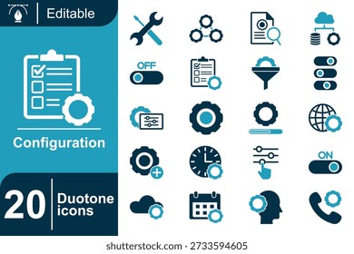 Moderner Konfigurations-Symbolsatz mit duotone Elementen für die Systemverwaltung, Einstellungen, Automatisierung und Workflows. Geeignet für SaaS-Plattformen, Dashboards, technische Präsentationen und digitale Produkte.