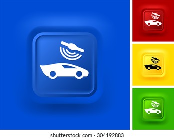 Modern Connected Car on Blue Bevel Square Button