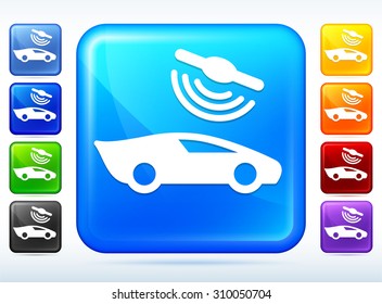 Modern Connected Car on Blue Square Button
