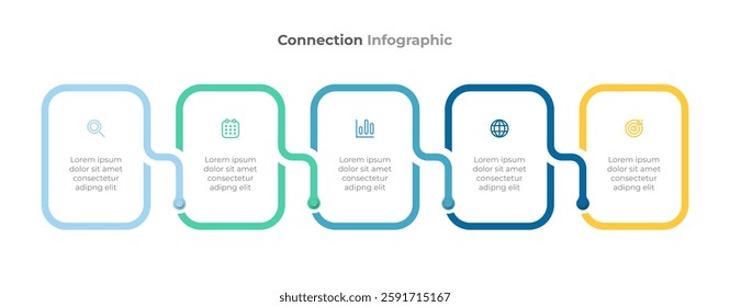 Modern connection infographic template. Timeline process with 5 steps or options. Ideal for business presentations, process flow diagrams, project management