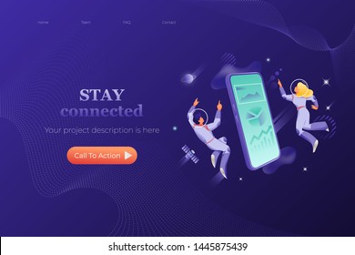 Modern connection web page header template. Vector design of website page with big isometric smartphone surrounded by man and woman in spacesuits. Futuristic and cosmic concept.