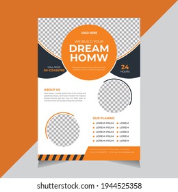 Diseño de plantilla de volante de construcción moderna, viajero de negocios, volante de casa, color amarillo, diseño de folleto, forma, diseño, afiche, tamaño a4, ilustración de vector