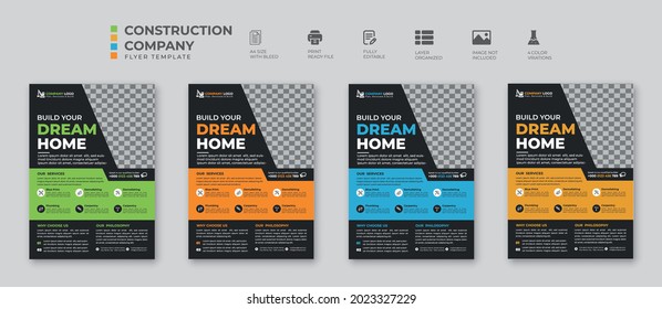 modern construction flyer template design, brochure cover, with an image placement. four professional color variation, fully editable, well organized. Eye catchy vector design, a4 size, eps 10 version