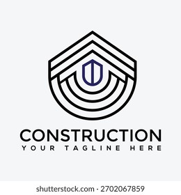 Modern construction logo design with geometric shapes and a shield for brand identity.
