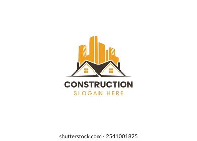 Modern construction logo featuring buildings and rooftops, symbolizing urban development and home construction