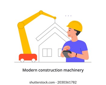 Modern construction machinery concept. Man controls large crane that installs roof of house. Modern technologies for builders. Cartoon doodle flat vector illustration isolated on white background